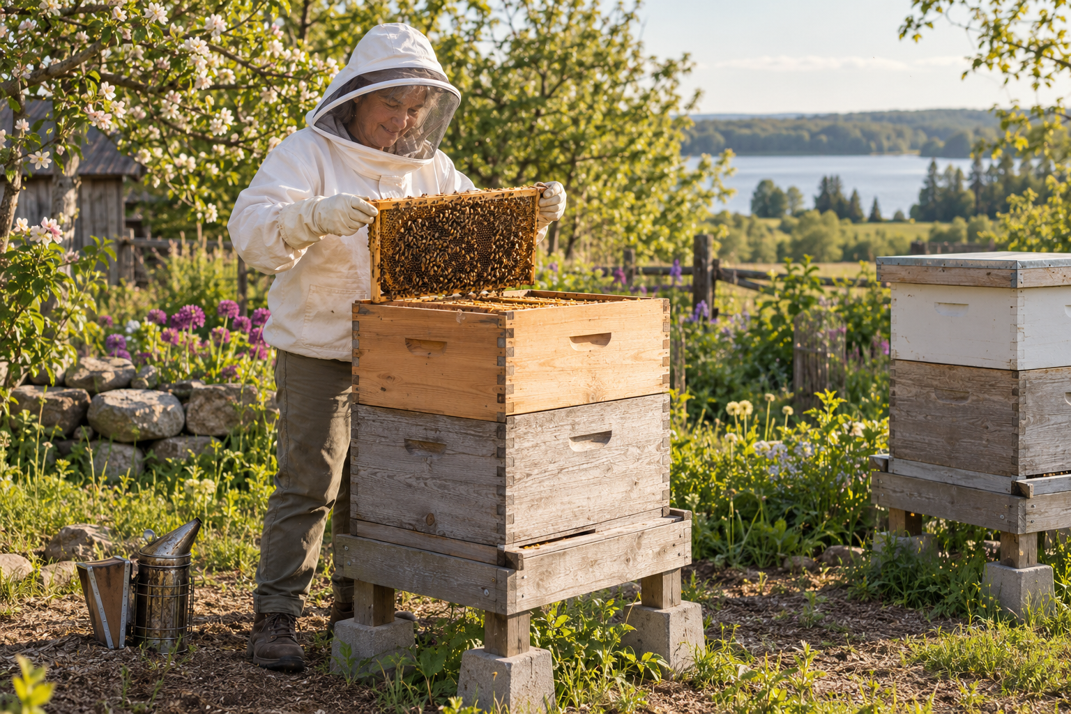 A woman over 60 safely inspecting a honey-bee colony in a flourishing Ontario garden