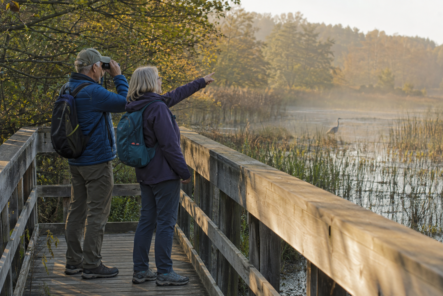 A couple over 50 birdwatching from a boardwalk beside an Ontario wetland