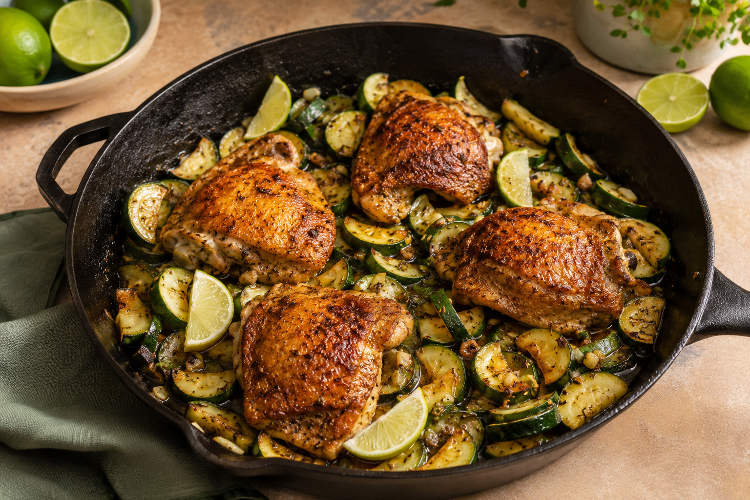 Four golden chicken thighs with sautéed zucchini and lime in a cast-iron skillet