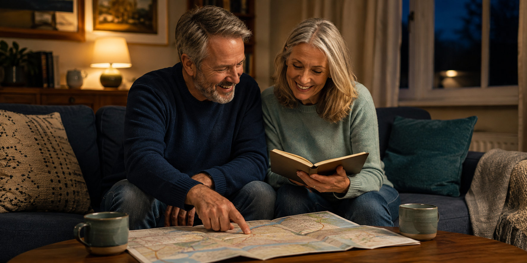 A couple over 50 laughing together over a road map and notebook while imagining a future trip