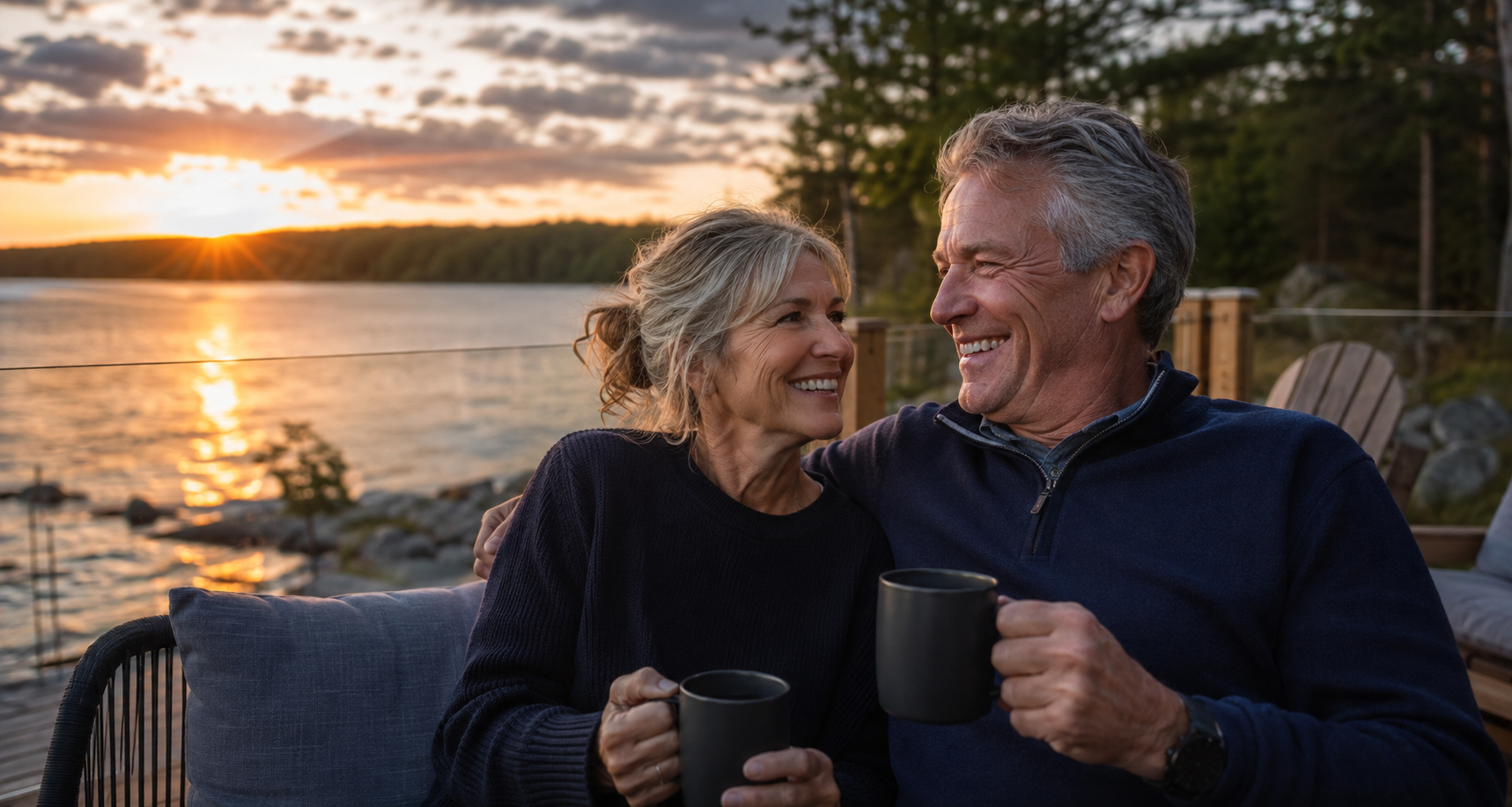 A mature couple enjoying a warm conversation beside an Ontario lake