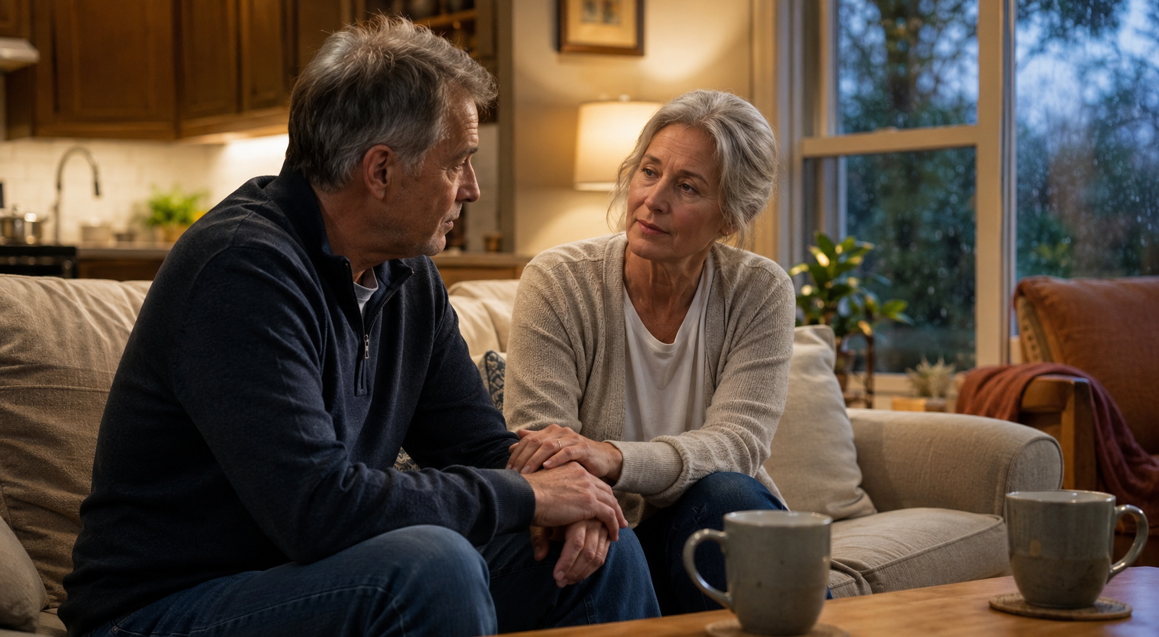 A couple over 50 listening to and supporting each other at home after a difficult day