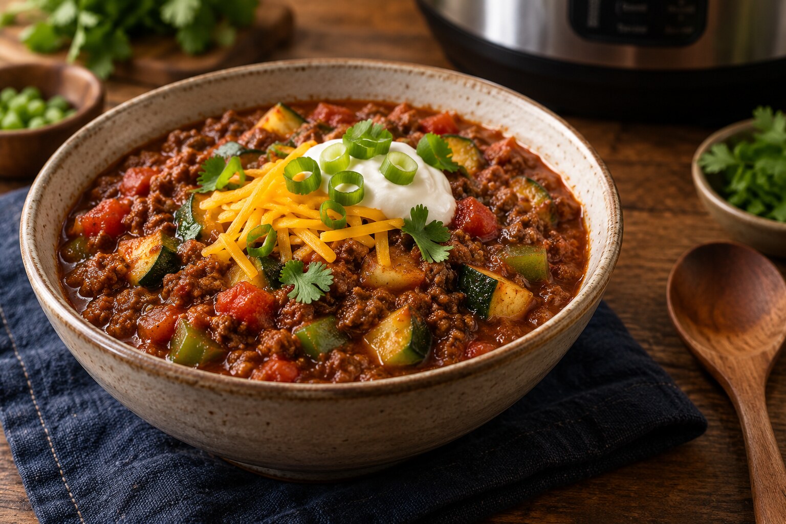 A hearty bowl of bean-free beef chili with zucchini, green pepper, cheddar, sour cream and green onions