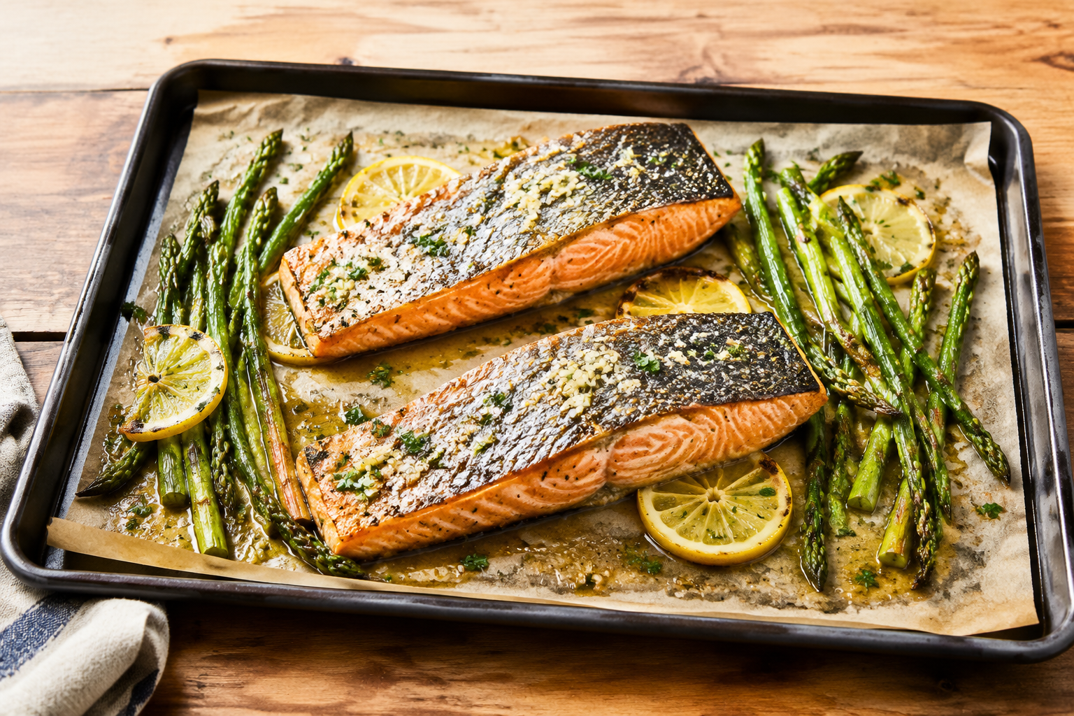 Two roasted salmon fillets with asparagus, lemon and garlic butter on a sheet pan