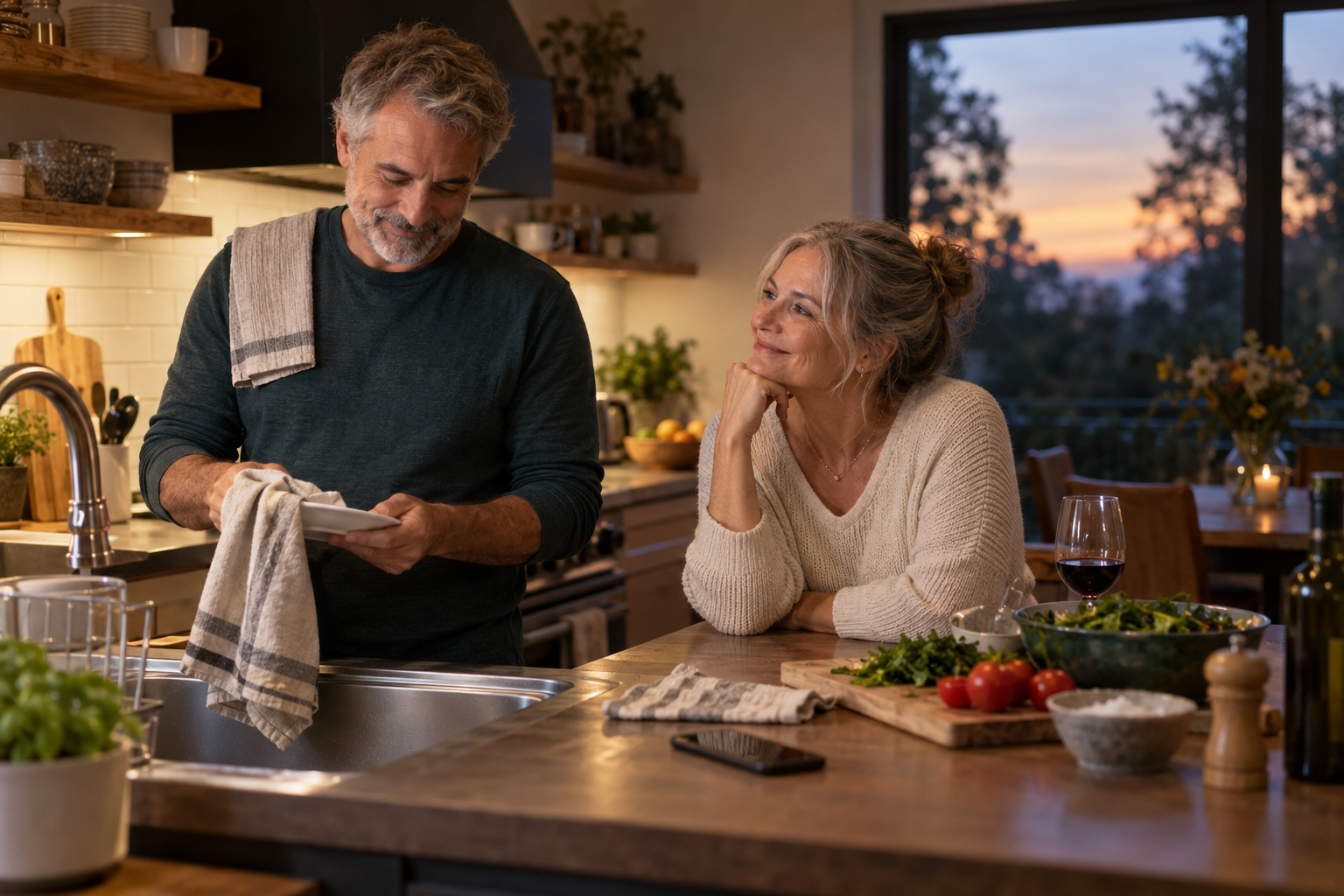 A couple over 50 sharing a warm, appreciative moment while preparing dinner together
