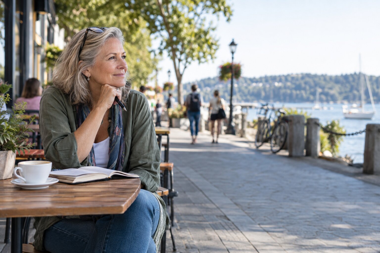 Retired adult enjoying coffee outdoors while considering new activities and possibilities for retirement