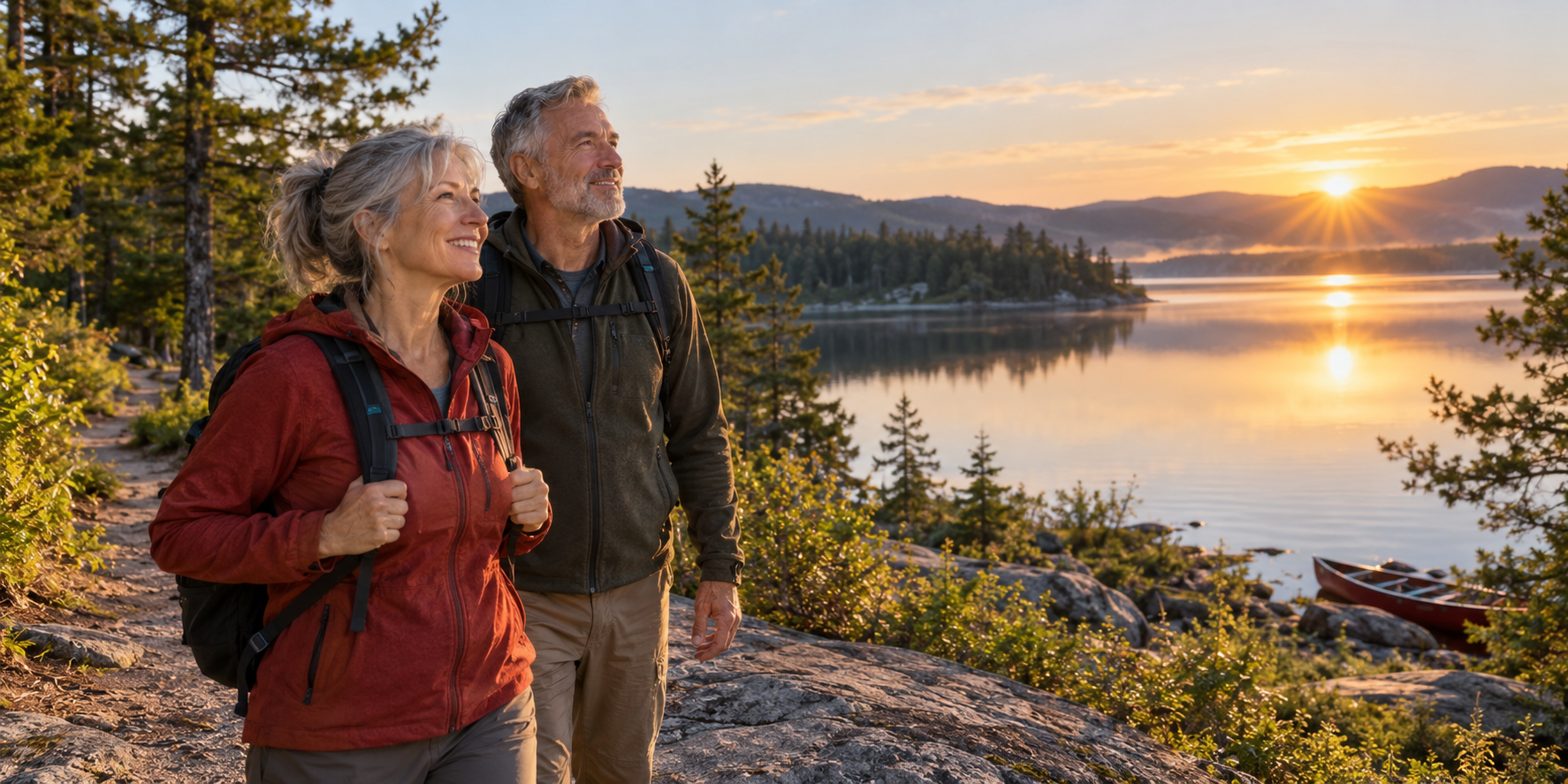 A joyful couple in their early 60s beginning a lakeside trail at sunrise