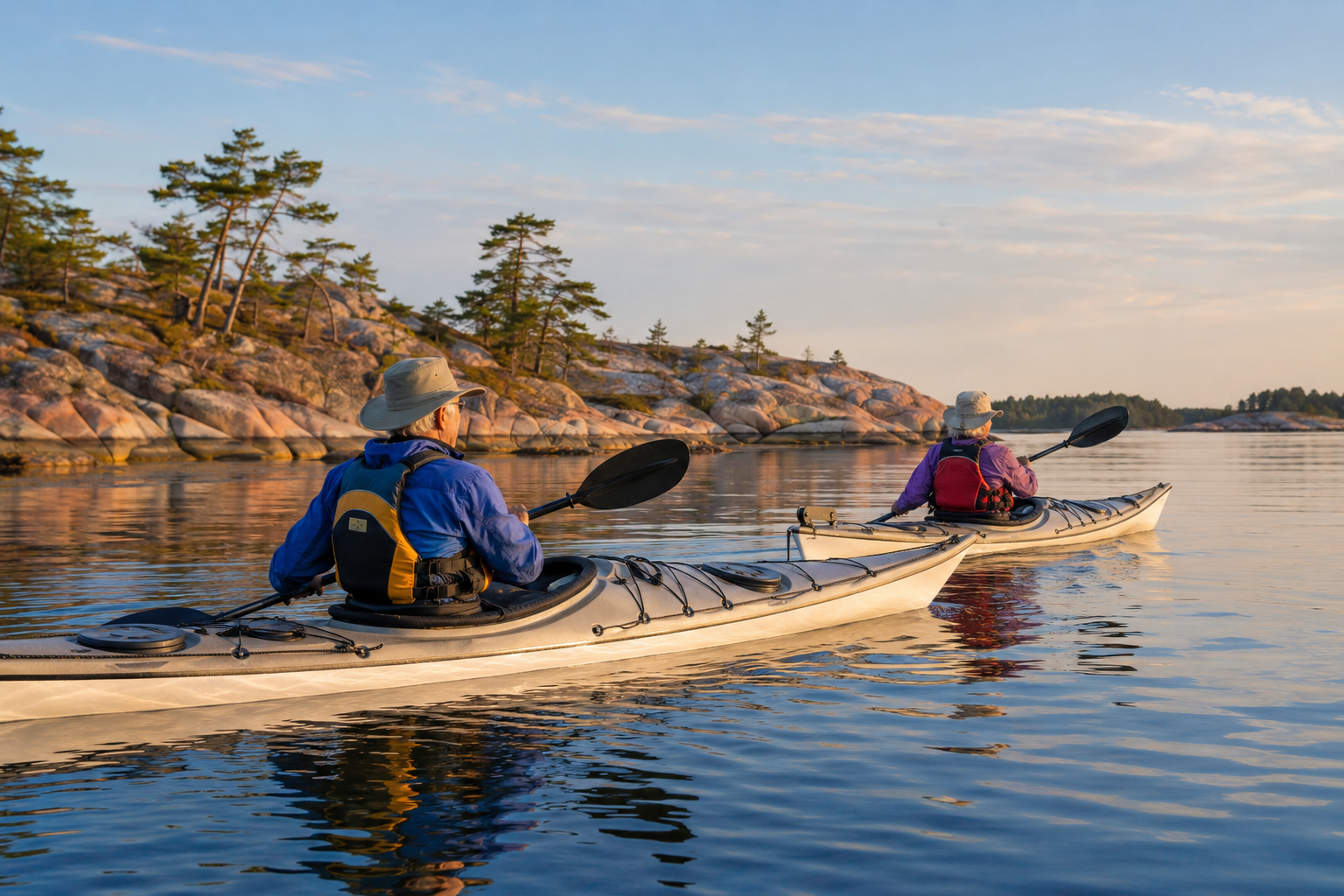 Two paddlers over 50 sea kayaking among the granite islands of Georgian Bay