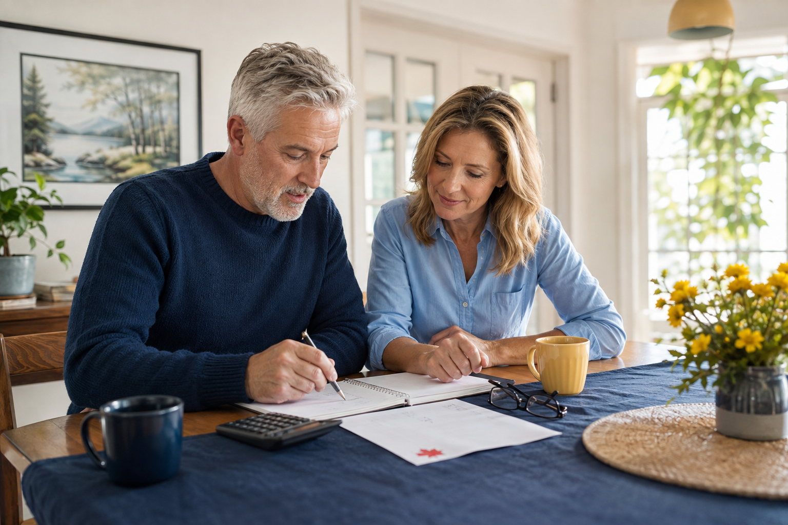 A Canadian couple calmly reviewing their retirement plan together